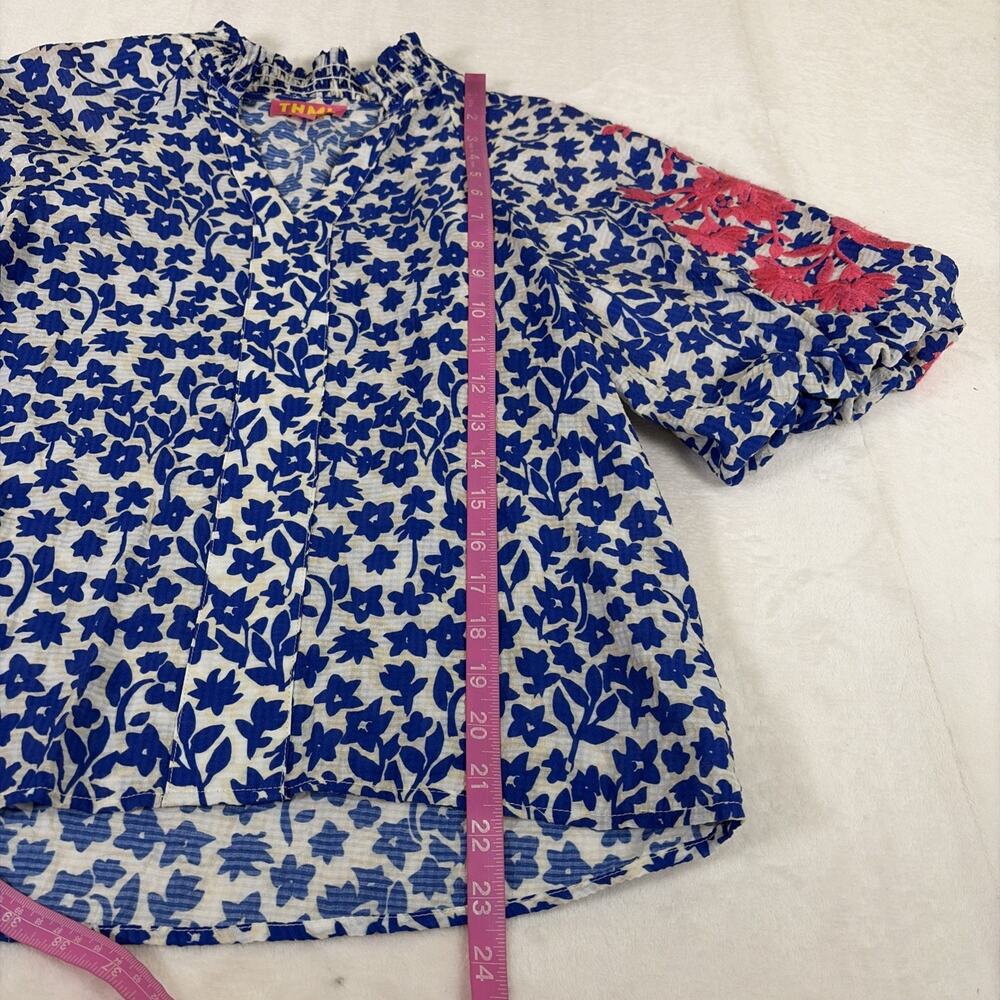 THML Top Sz XS Blue/Tan w/ Embroidered Floral Pink Puff Sleeves Smocked Neck - Picture 3 of 11
